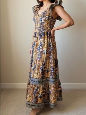 Caroline Constas Blue & Yellow Paisley Floral Mediterranean Boho Maxi Dress